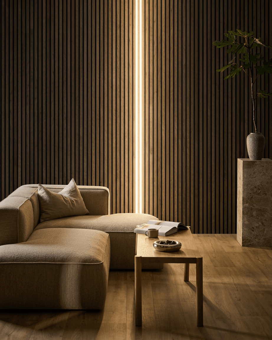 Minimalistische woonkamer met een beige sectionele bank, houten salontafel met een open boek en kopje, Akupanel wand met akoestische houten panelen en WoodUpp Lumi ledstripverlichting.